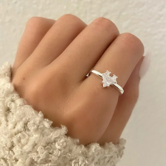 925 Sterling Silver CZ Diamond Heart Square Ring Dainty Minimalist Ring - Picture 1 of 8